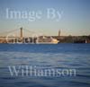 GW15645-50 = Cruise Ship "Splendour of the Seas" departing Lisbon with Ponte 25 de Abril (1966 built bridge over R.Targus), and Monument to Chirst behind, Lisbon, Portugal.