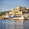 GW11310-50 = View over the harbour entrance towards the harbour wall and historic Ibiza Town (Cathedral of Our Lady of the Snows + fortifications), Ibiza, Balearic Islands, Spain. 1996. 