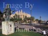 GW30095-60 = Monument to Ramon Llull ( 1235-1316 ) a famous scholar of Palma with Almudaina Royal Palace and historic Gothic Cathedral ( also known as La Seu and built between 1230 and 1601 ) and tourists, Palma de Mallorca, Balearic Islands, Spain.5th September 2007.