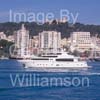 GW32280-60 = Johnson 105 luxury 32 mtr motor yacht / superyacht undertaking a demo spin en route for Palma International Boat Show 2008 with Belver Castle and Paseo Maritimo in the background, Port of Palma de Mallorca, Balearic Islands, Spain. 25th April 2008.