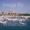 GW32535-60 = Panoramic view over Palma International Boat Show 2008 -  with Wellcraft runabout in the foreground and  gothic Palma Cathedral in the background, in the Palma Old Port ( Moll Vell / Muelle Viejo ) Area of the Port of Palma de Mallorca, Balearic Islands, Spain. 2nd May 2008.