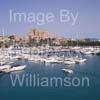 GW32540-60 = Panoramic view over Palma International Boat Show 2008 -  with Wellcraft runabout in the foreground and  gothic Palma Cathedral in the background, in the Palma Old Port ( Moll Vell / Muelle Viejo ) Area of the Port of Palma de Mallorca, Balearic Islands, Spain. 2nd May 2008.