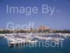 GW32550-60 = Panoramic view over Palma International Boat Show 2008 with 23.5 mtr MARLOW EXPLORER 78E motor yacht on display in left foreground, Wellcraft runabout taking a spin and .gothic Palma Cathedral in the background, in the Palma Old Port ( Moll Vell / Muelle Viejo ) Area of the Port of Palma de Mallorca, Balearic Islands, Spain. 2nd May 2008.