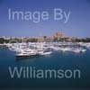 GW32555-60 = Panoramic view over Palma International Boat Show 2008 with 23.5 mtr MARLOW EXPLORER 78E motor yacht on display in left foreground and gothic Palma Cathedral in the background, in the Palma Old Port ( Moll Vell / Muelle Viejo ) Area of the Port of Palma de Mallorca, Balearic Islands, Spain. 2nd May 2008.