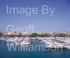 GW32560-60 = Panoramic view over Palma International Boat Show 2008 with 23.5 mtr MARLOW EXPLORER 78E motor yacht on display in right foreground and Paseo Maritimo in the background, in the Palma Old Port ( Moll Vell / Muelle Viejo ) Area of the Port of Palma de Mallorca, Balearic Islands, Spain. 2nd May 2008.
