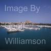 GW32575-60 = Panoramic view over Palma International Boat Show 2008 with 23.5 mtr MARLOW EXPLORER 78E motor yacht in left foreground and gothic Palma Cathedral in the background, in the Palma Old Port ( Moll Vell / Muelle Viejo ) Area of the Port of Palma de Mallorca, Balearic Islands, Spain. 2nd May 2008.