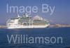 GW33825-60 = Royal Caribbean International Cruise Ship "Navigator of the Seas" ( 311 meters ) departing the Port of Palma de Mallorca with Almudaina Castle and famous historic Palma Gothic Cathedral ahead, Balearic Islands, Spain. 21st October 2008.