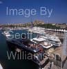 GW34175-60 = Palma International Boat Show 2009 - Panoramic Image with the Sanlorenzo stand in the foreground ( Sanlorenzo 40 Alloy, SD92, and SL82 on stand and with SL88 returning after a demo spin ) and historic Palma Gothic Cathedral behind, Palma Old Port ( Moll Vell / Muelle Viejo ), Port of Palma de Mallorca, Balearic Islands, Spain. 2nd May 2009.