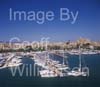 GW34245-60 = Palma International Boat Show 2009 - panoramic view with historic Palma gothic Cathedral behind, Palma Old Port ( Moll Vell / Muelle Viejo ), Port of Palma de Mallorca, Balearic Islands, Spain. 2nd May 2009.